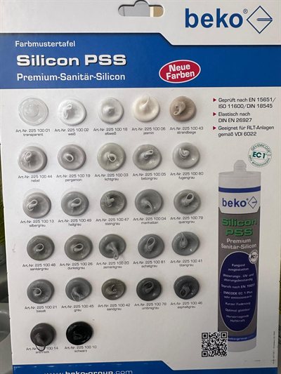 Farbmustertafel beko Silicon PSS mit 27 Farbtönen und Artikelnummern